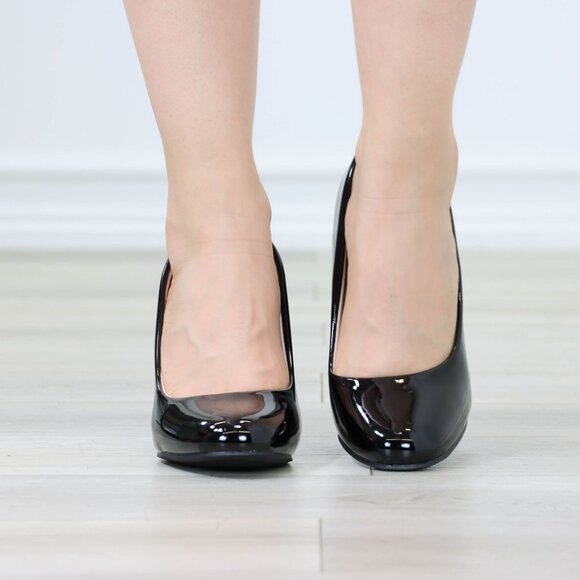 Classic Black Patent High Heel Slip On Round Toe Block Pumps - Picture 7 of 11